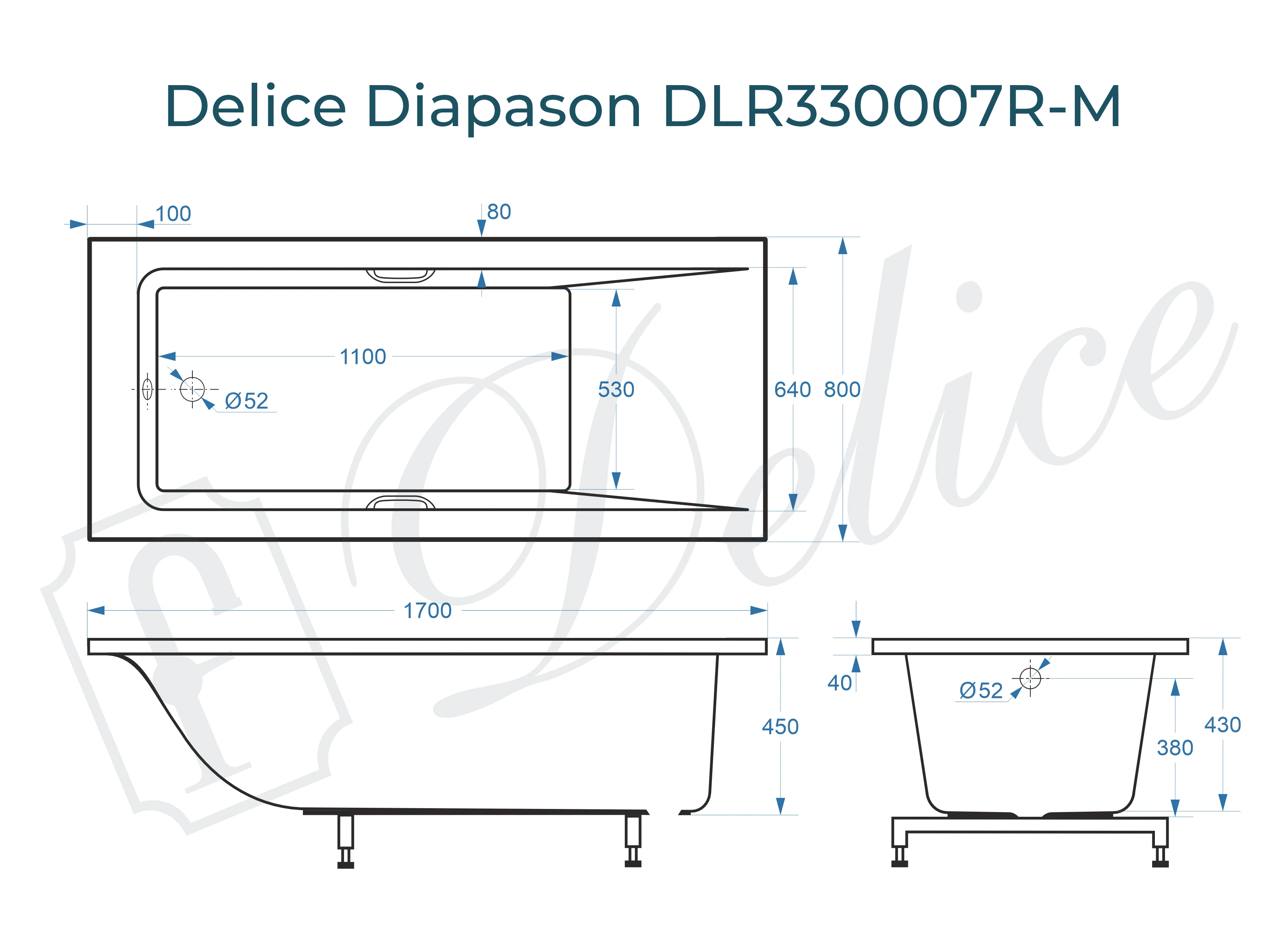 Ванна из литьевого мрамора Delice Diapason 170х80 матовая с ручками Хром DLR330007R-M 