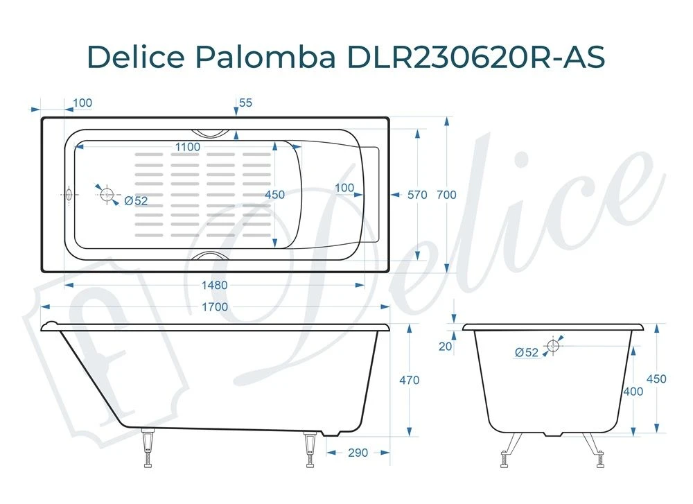 Чугунная ванна Delice Palomba 170x70 с ручками и антискольжением 