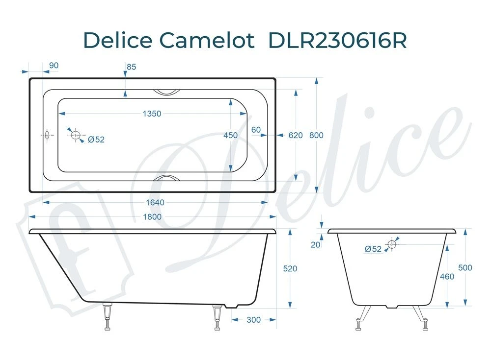 Чугунная ванна Delice Camelot 180x80 с ручками 