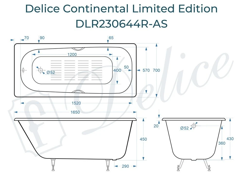 Чугунная ванна Delic Continental Limited Edition 165x70 с ручками и антискольжением 