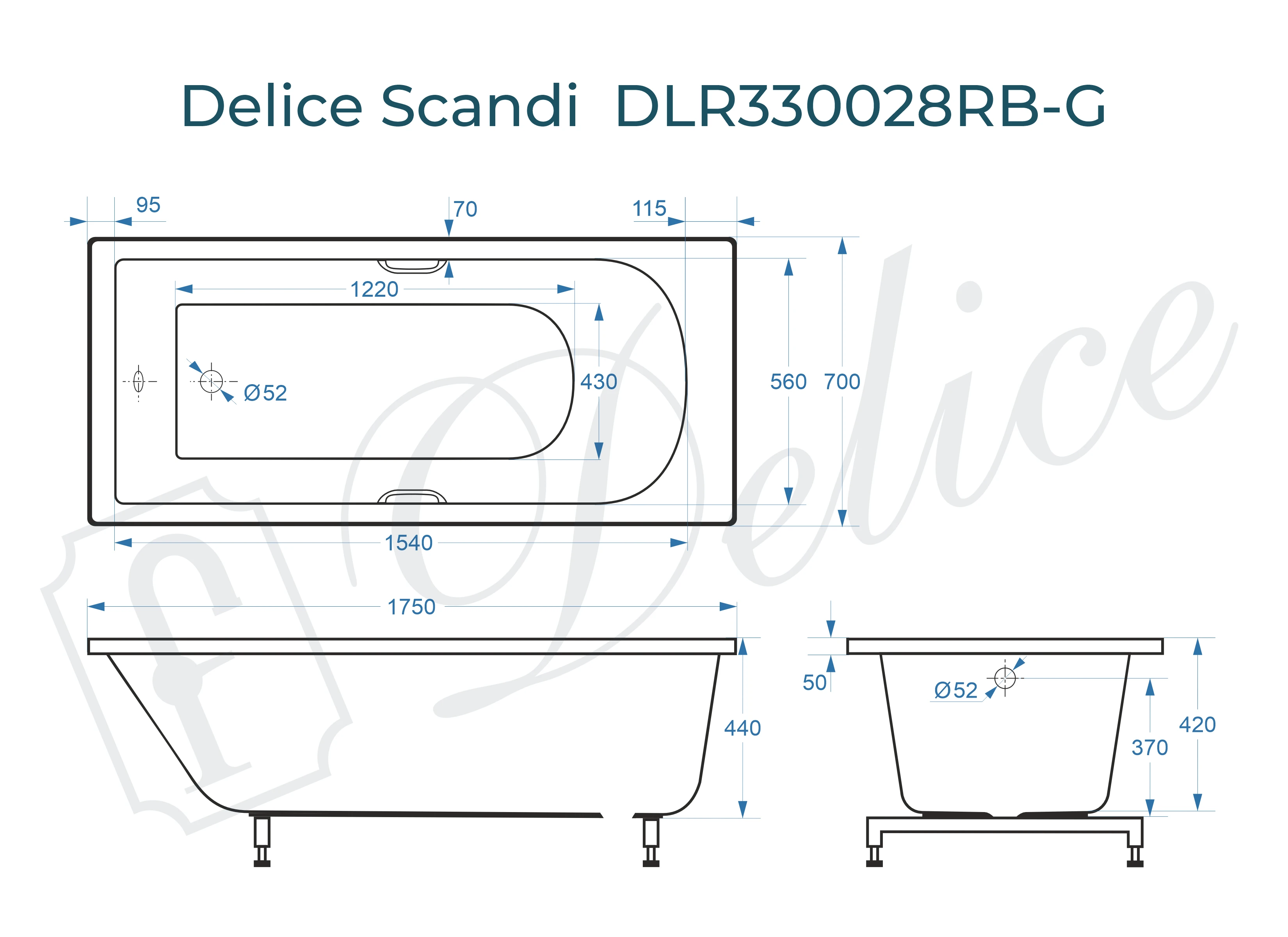 Ванна из литьевого мрамора Delice Scandi 175х70 глянцевая с черными ручками DLR330028RB-G 
