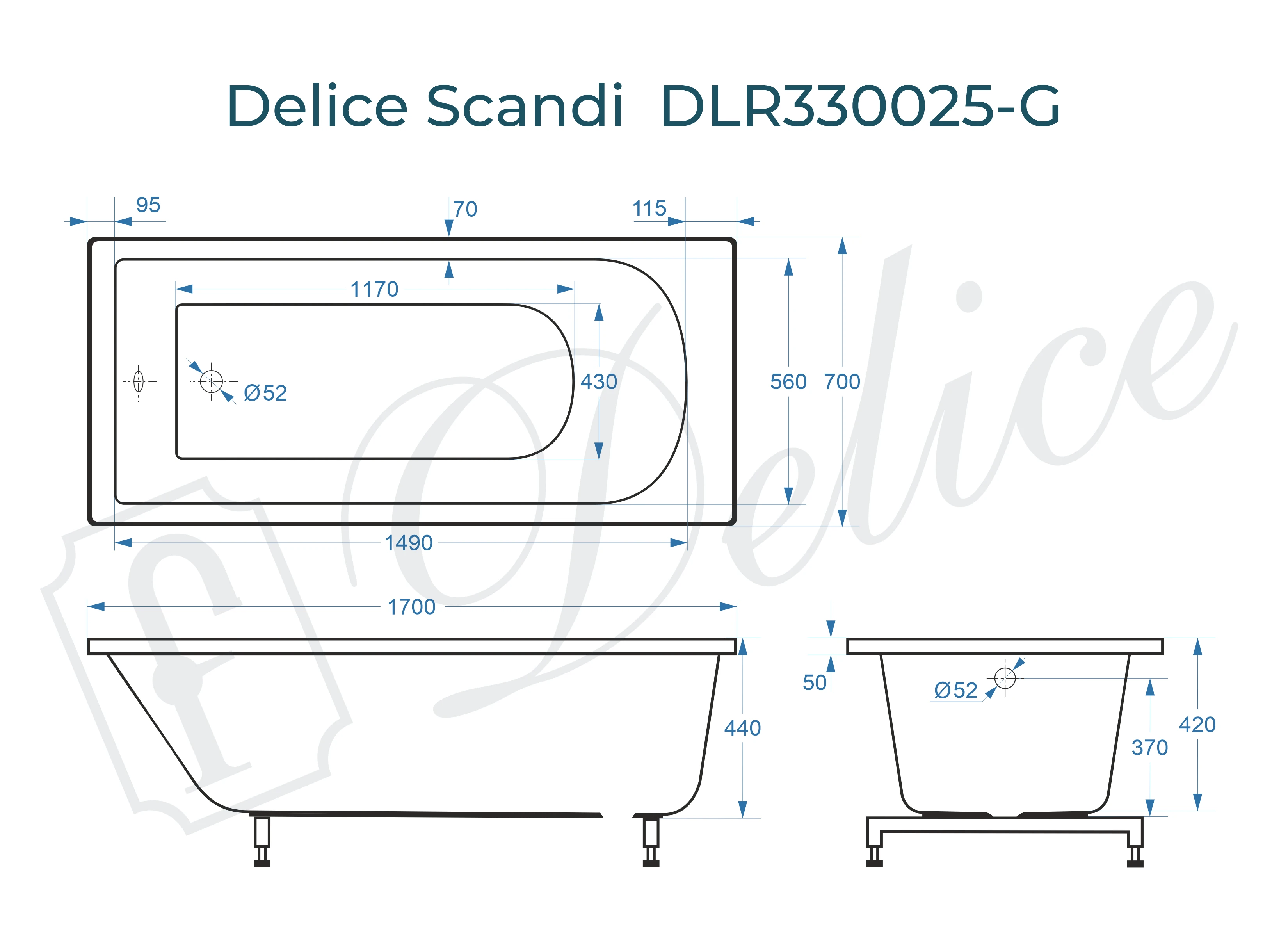 Ванна из литьевого мрамора Delice Scandi 170х70 глянцевая DLR330025-G 