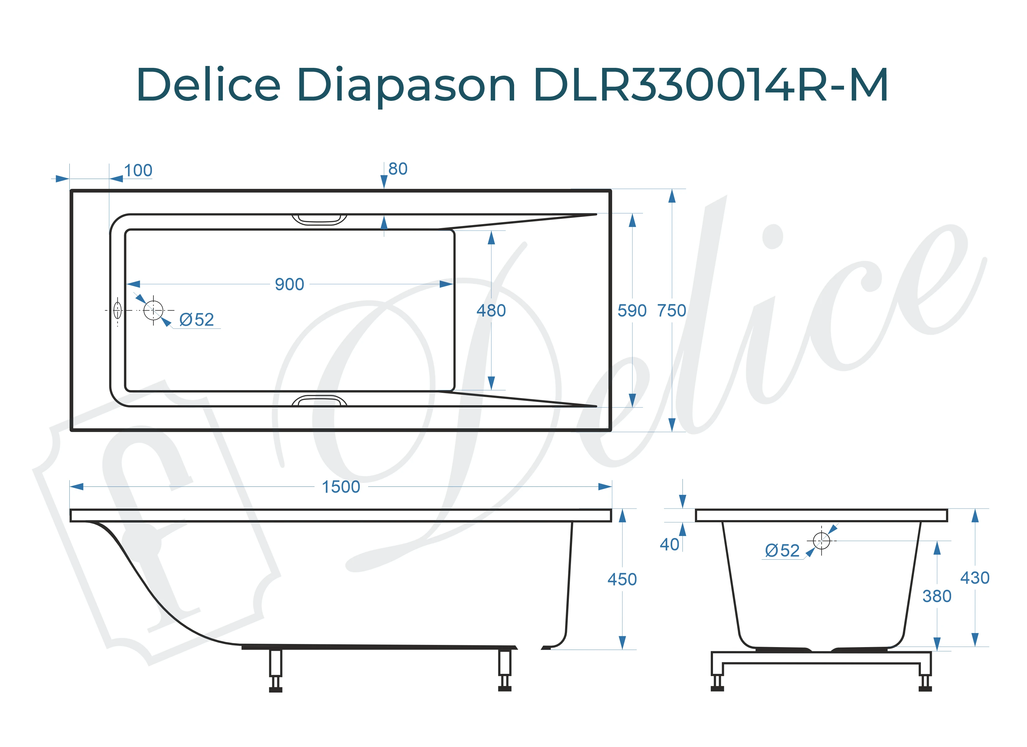 Ванна из литьевого мрамора Delice Diapason 150х75 матовая с ручками Хром DLR330014R-M 