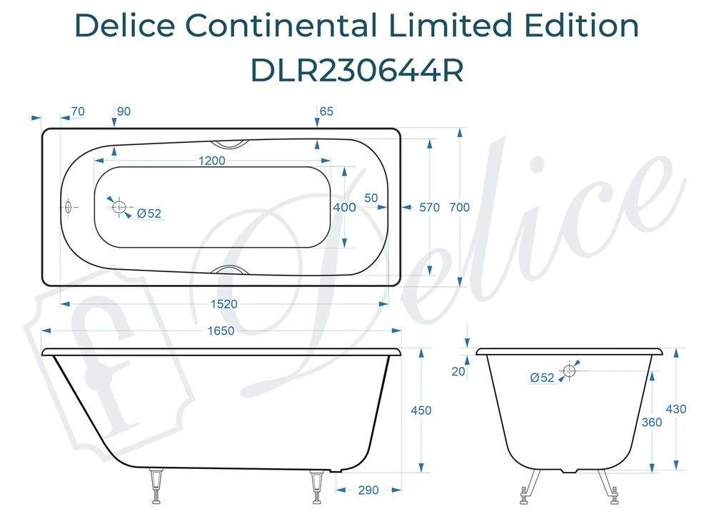 Чугунная ванна Delic Continental Limited Edition 165x70 с ручками 