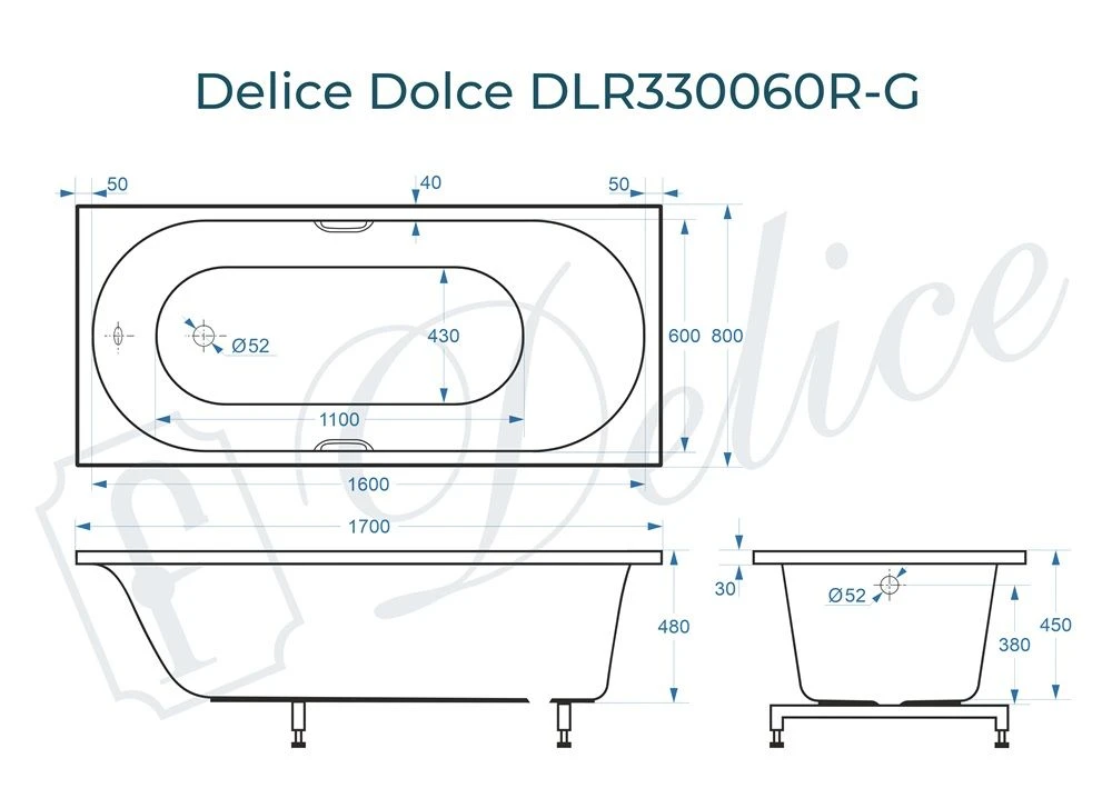 Ванна из литьевого мрамора Delice Dolce 170х80 глянцевая с ручками Хром DLR330060R-G 