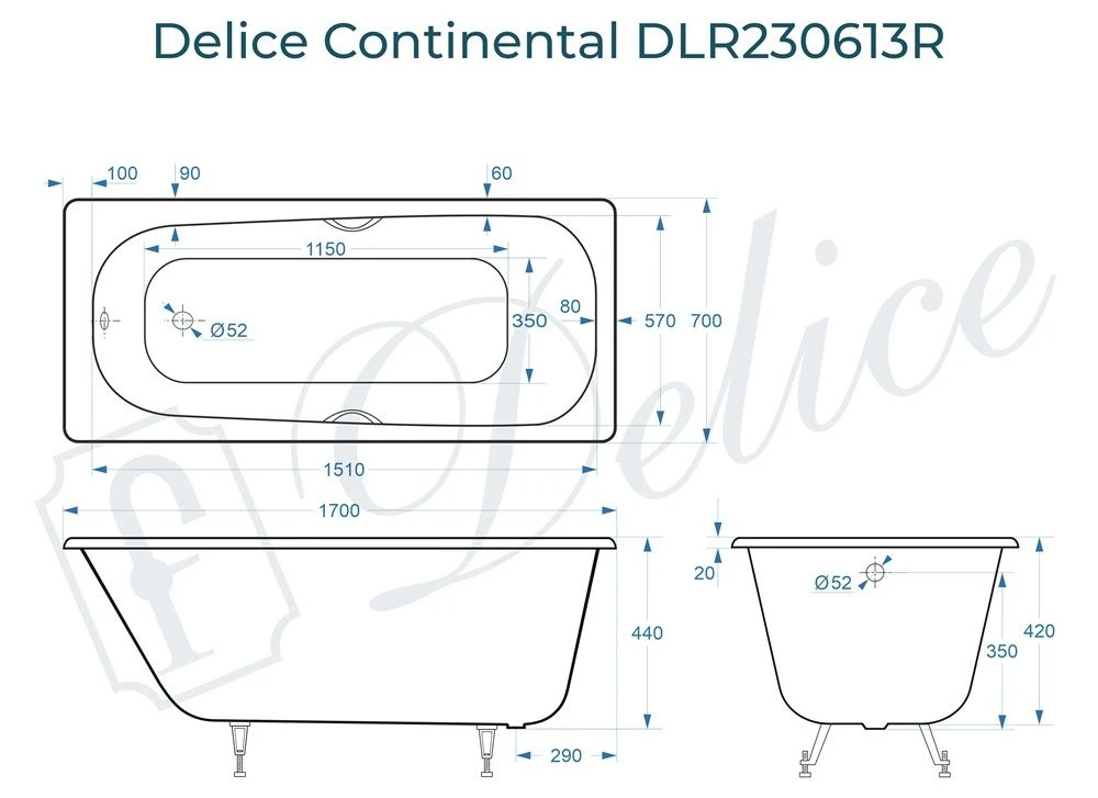 Чугунная ванна Delice Continental 170x70 с ручками 