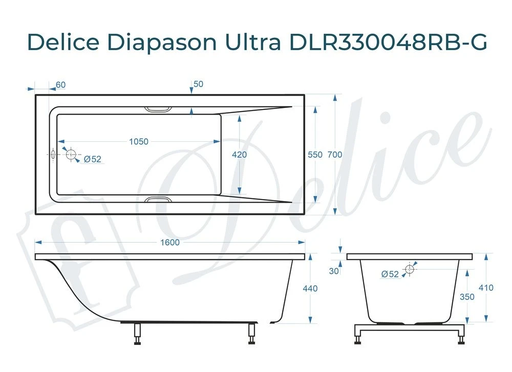 Ванна из литьевого мрамора Delice Diapason Ultra с узким бортом 160х70 глянцевая с черными ручками DLR330048RB-G 