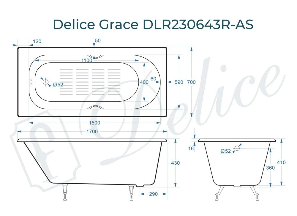 Чугунная ванна Delice Grace 170x70 с ручками и антискольжением 
