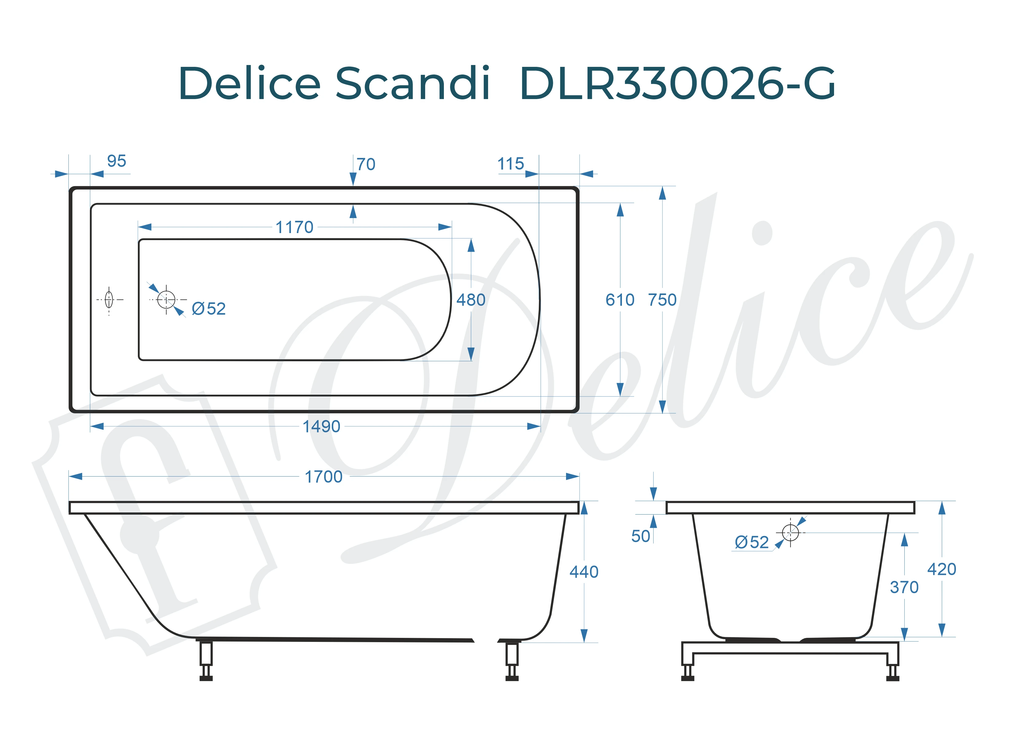 Ванна из литьевого мрамора Delice Scandi 170х75 глянцевая DLR330026-G 