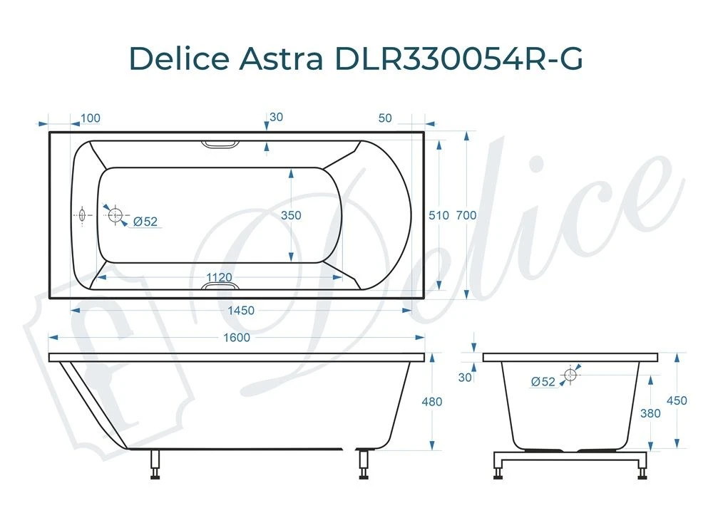 Ванна из литьевого мрамора Delice Astra 160х70 глянцевая с ручками Хром DLR330054R-G 