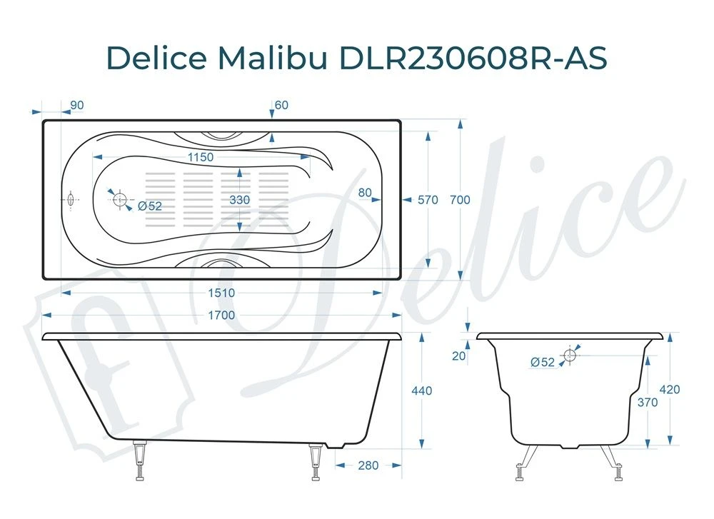 Чугунная ванна Delice Malibu 170x70 с ручками и антискольжением 