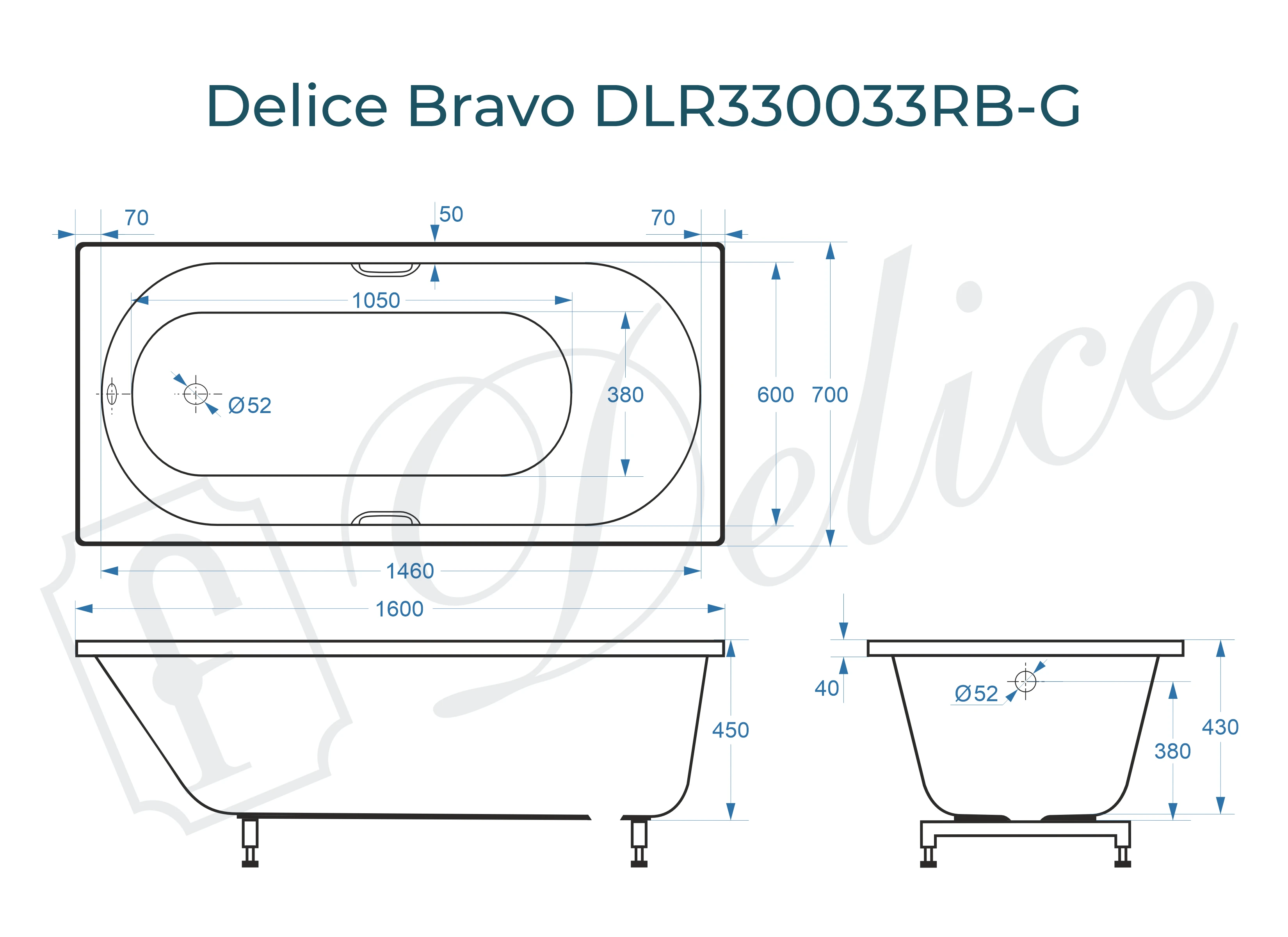 Ванна из литьевого мрамора Delice Bravo 160х70 глянцевая с черными ручками DLR330033RB-G 