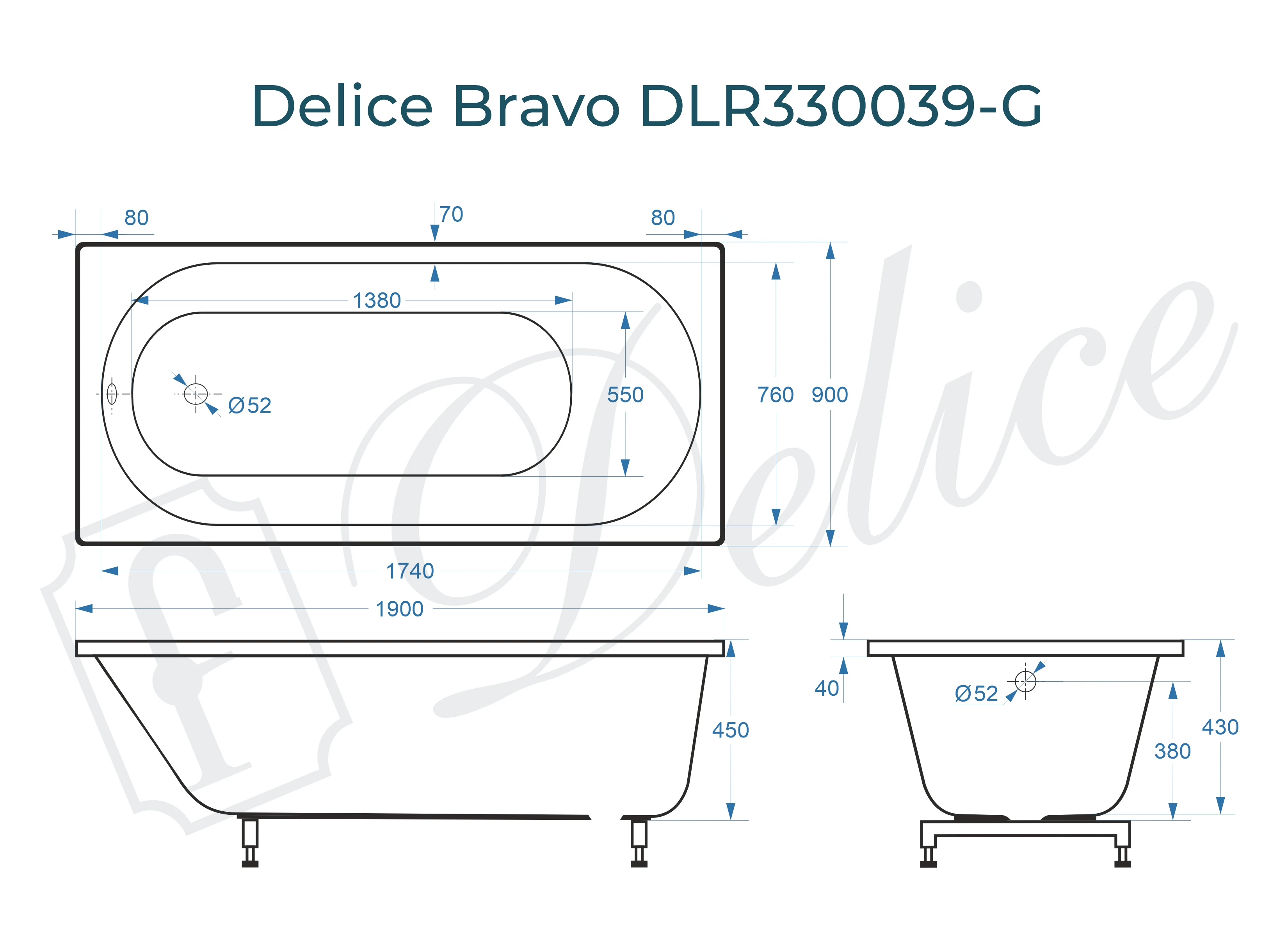 Ванна из литьевого мрамора Delice Bravo 190х90 глянцевая DLR330039-G 