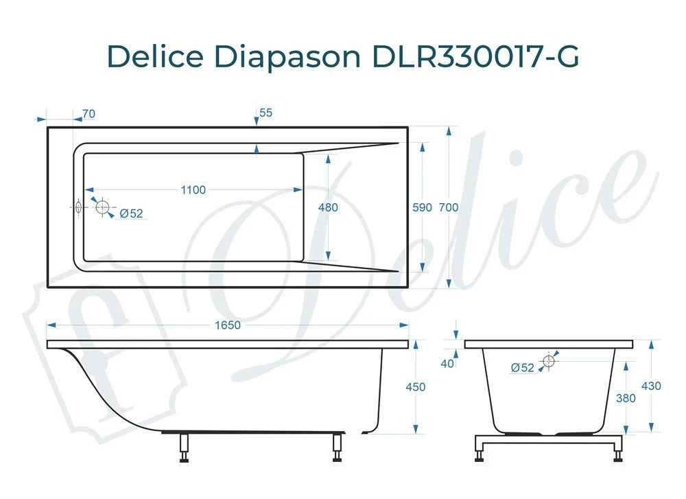 Ванна из литьевого мрамора Delice Diapason 165х70 глянцевая DLR330017-G 