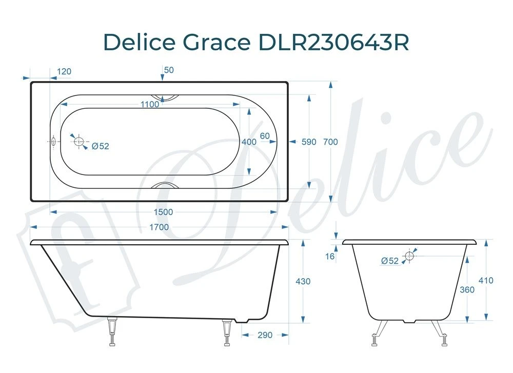 Чугунная ванна Delice Grace 170x70 с ручками 
