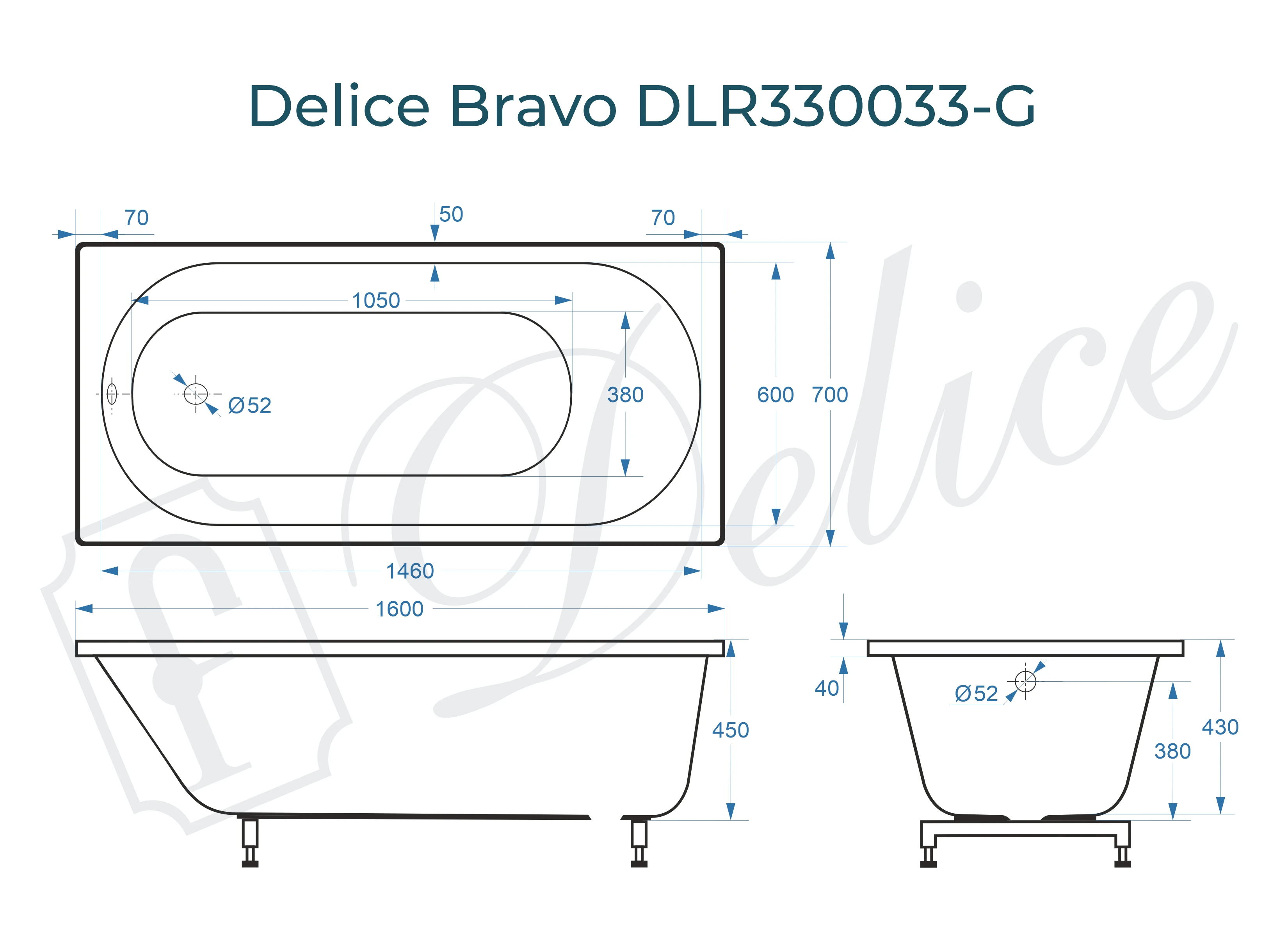 Ванна из литьевого мрамора Delice Bravo 160х70 глянцевая DLR330033-G 