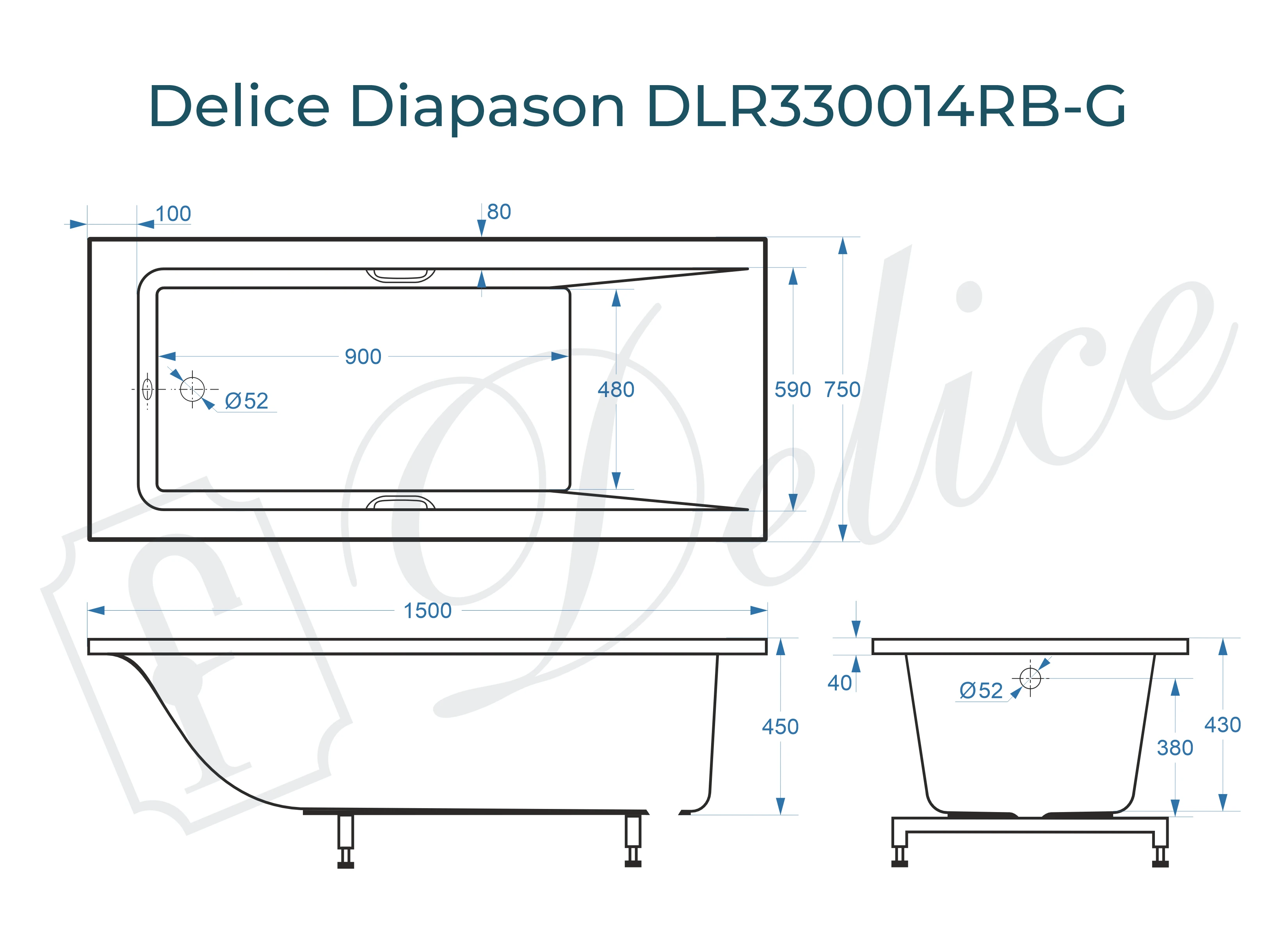 Ванна из литьевого мрамора Delice Diapason 150х75 глянцевая с черными ручками DLR330014RB-G 