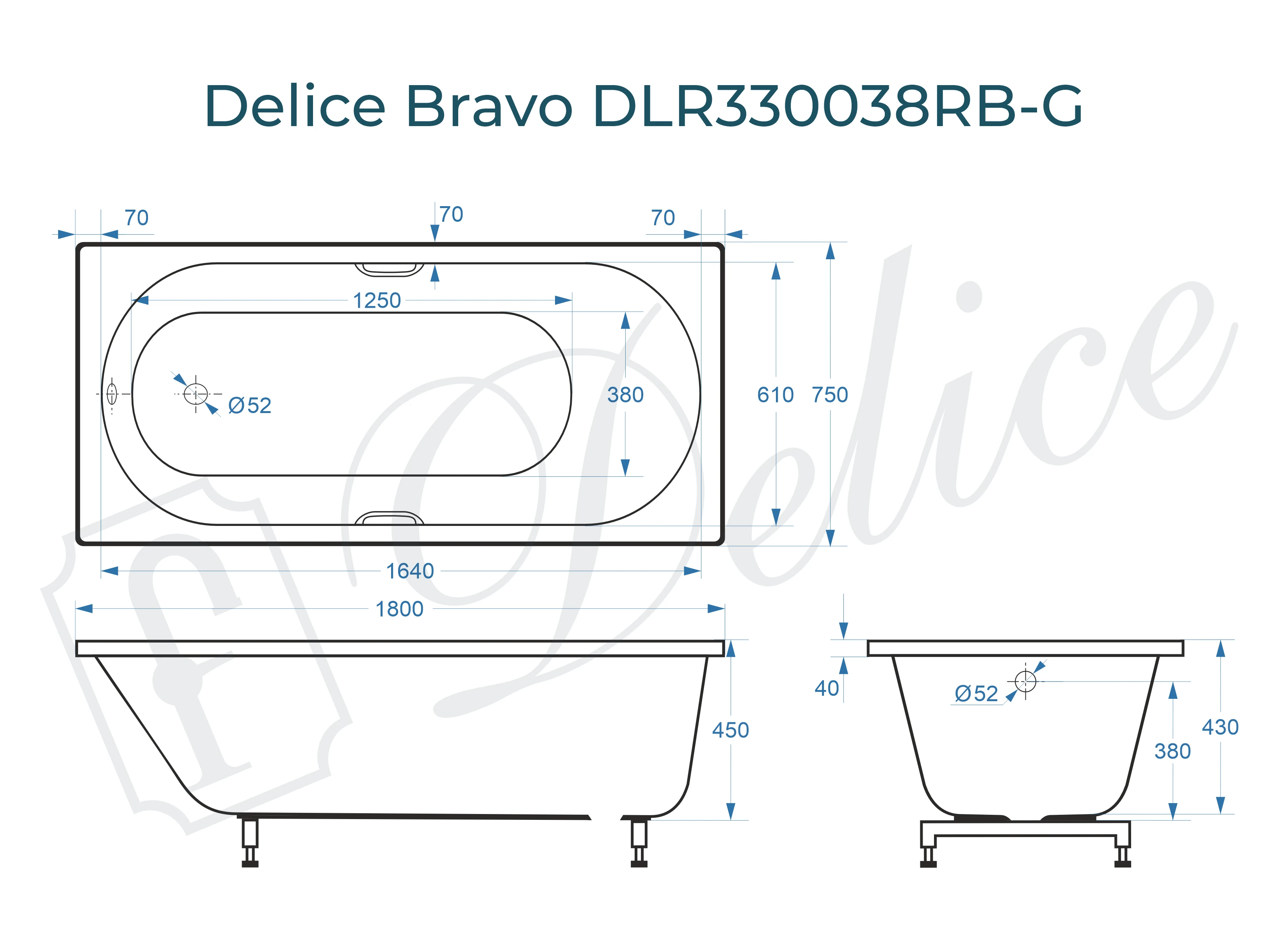Ванна из литьевого мрамора Delice Bravo 180х75 глянцевая с черными ручками DLR330038RB-G 