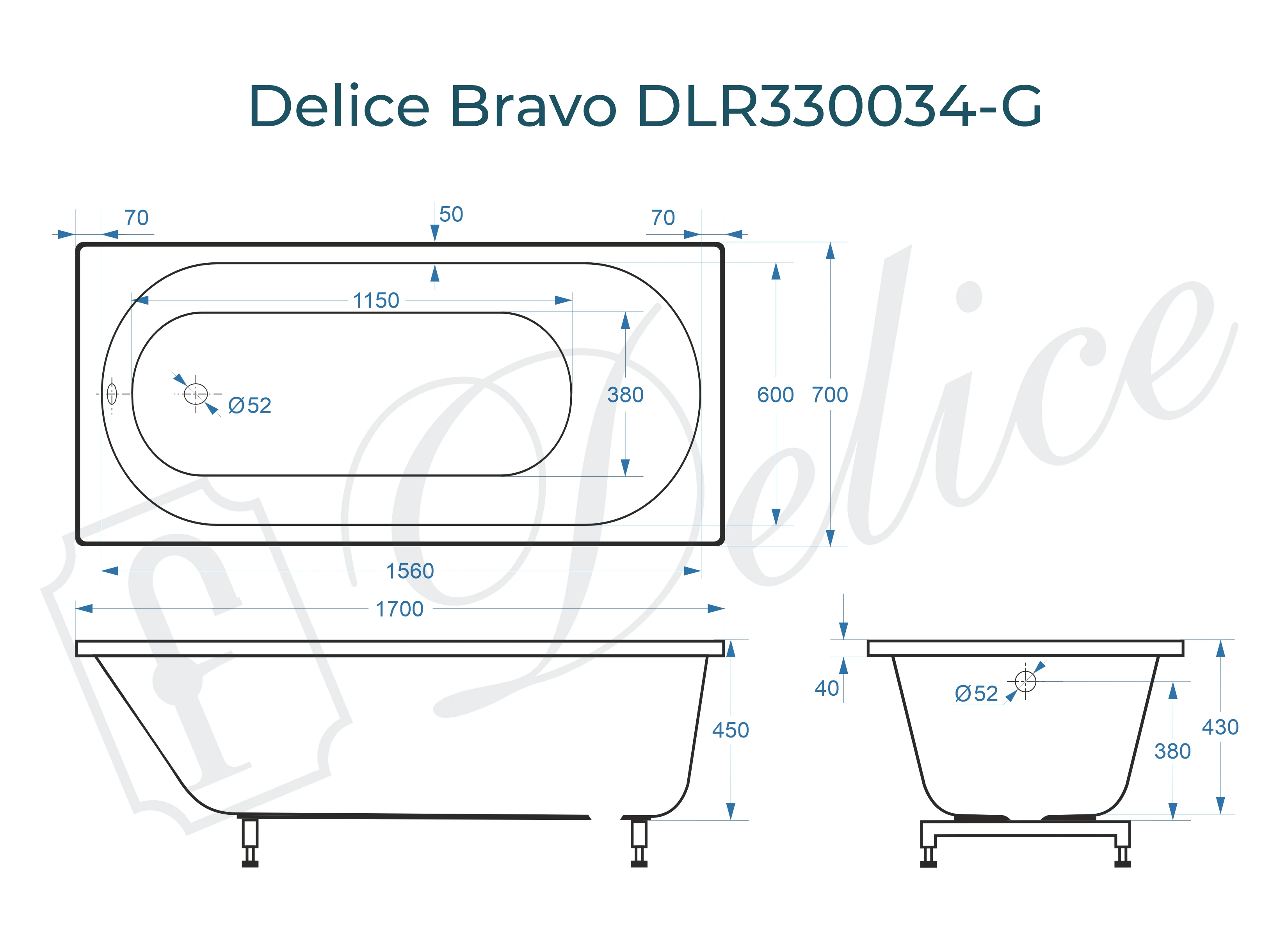 Ванна из литьевого мрамора Delice Bravo 170х70 глянцевая DLR330034-G 