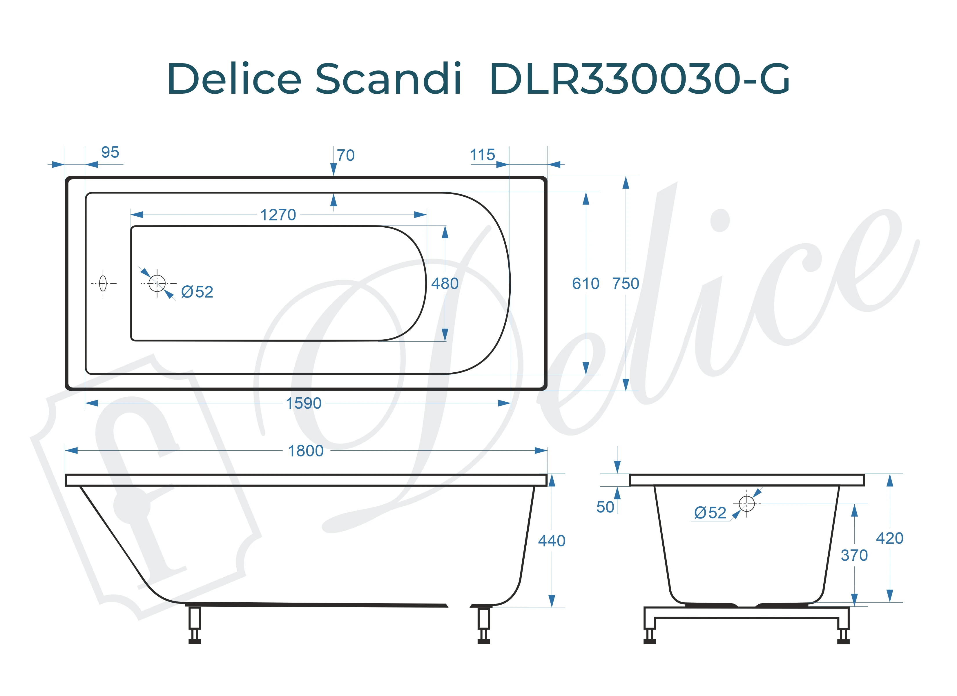 Ванна из литьевого мрамора Delice Scandi 180х75 глянцевая DLR330030-G 