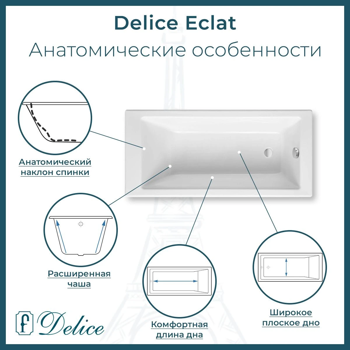Чугунная ванна Delice Eclat 170x70 с ручками и антискольжением 