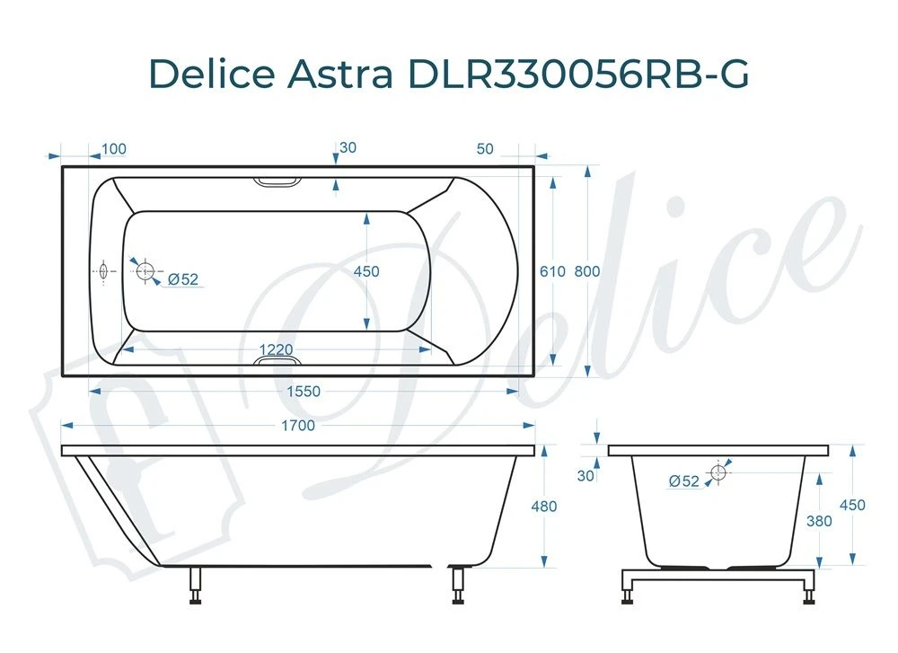 Ванна из литьевого мрамора Delice Astra 170х80 глянцевая с черными ручками DLR330056RB-G 