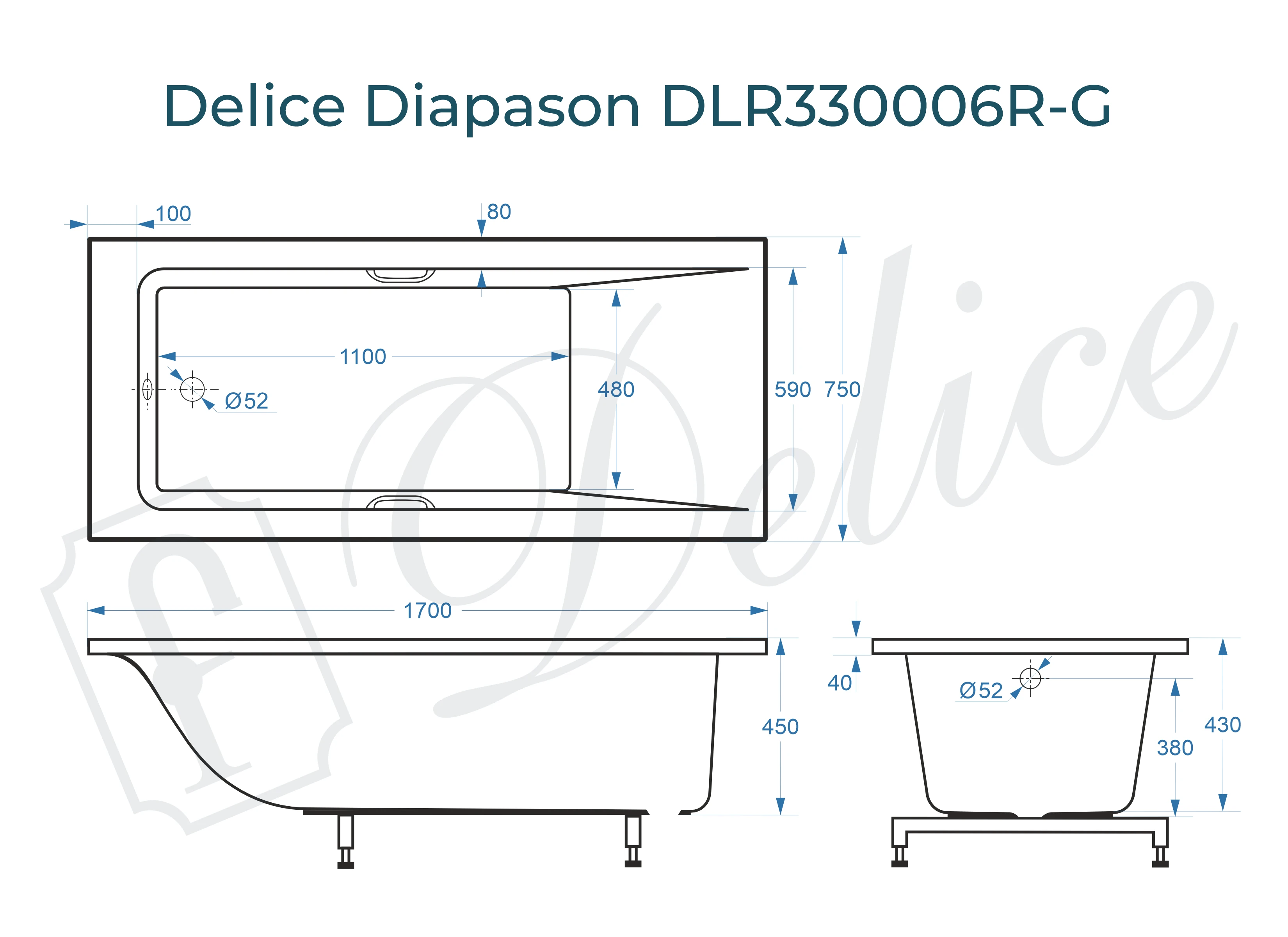 Ванна из литьевого мрамора Delice Diapason 170х75 глянцевая с ручками Хром DLR330006R-G 