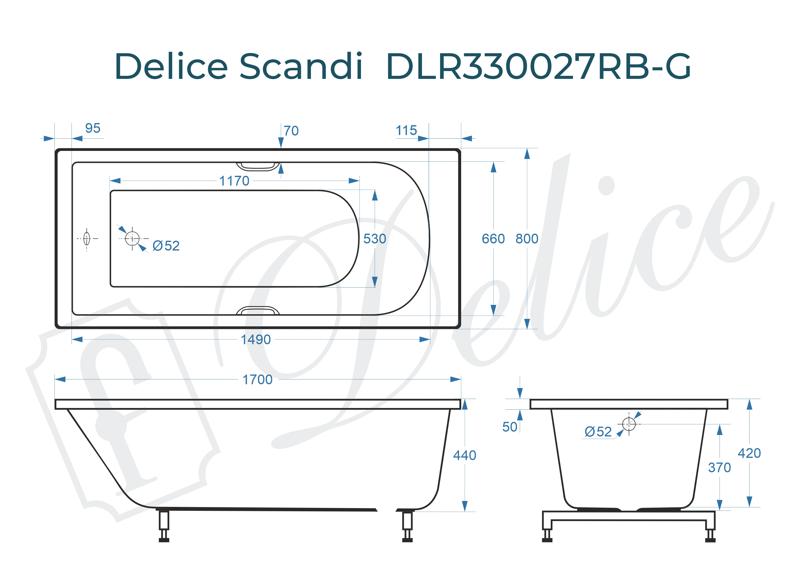 Ванна из литьевого мрамора Delice Scandi 170х80 глянцевая с черными ручками DLR330027RB-G 