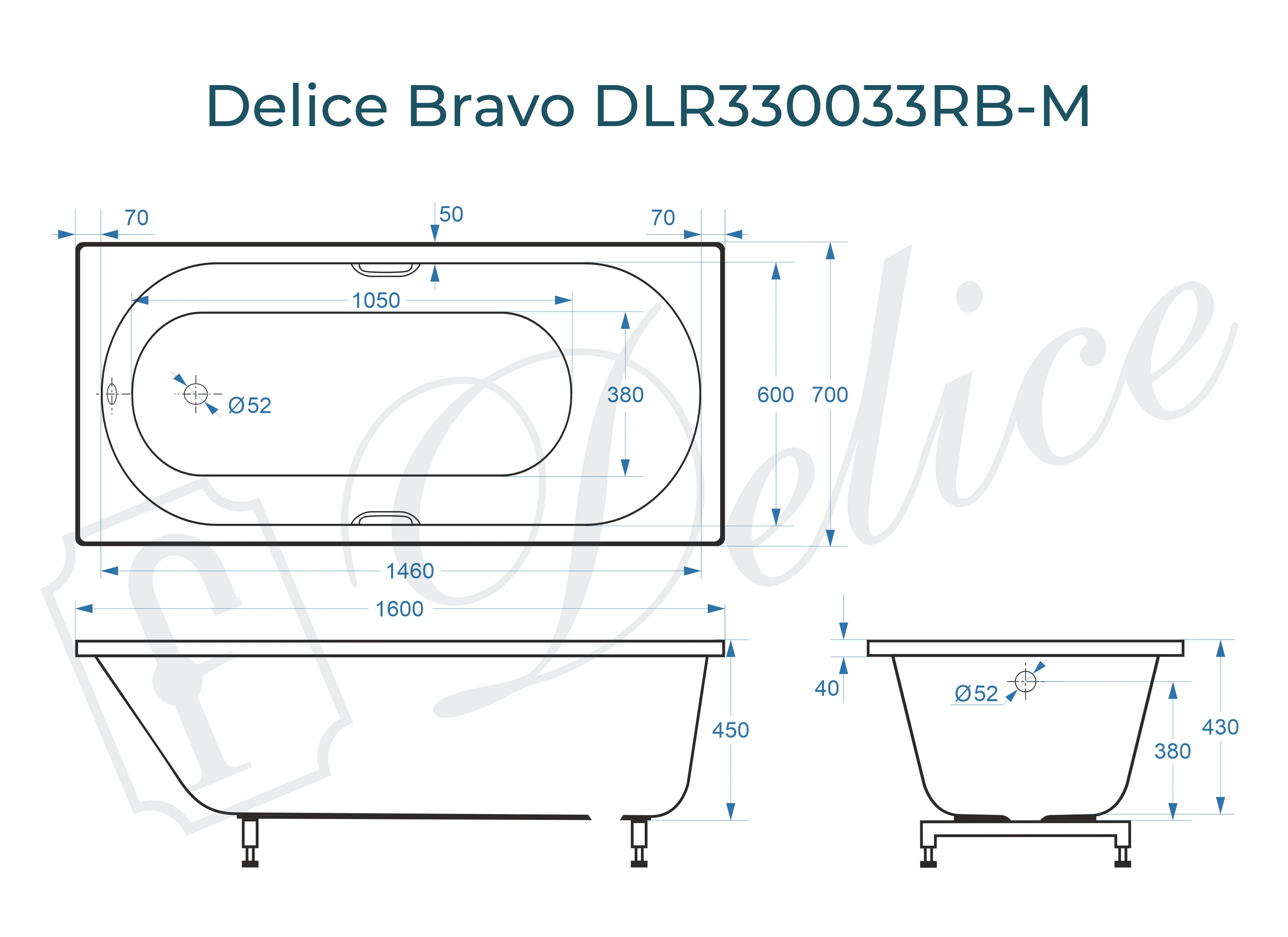 Ванна из литьевого мрамора Delice Bravo 160х70 матовая с черными ручками DLR330033RB-M 