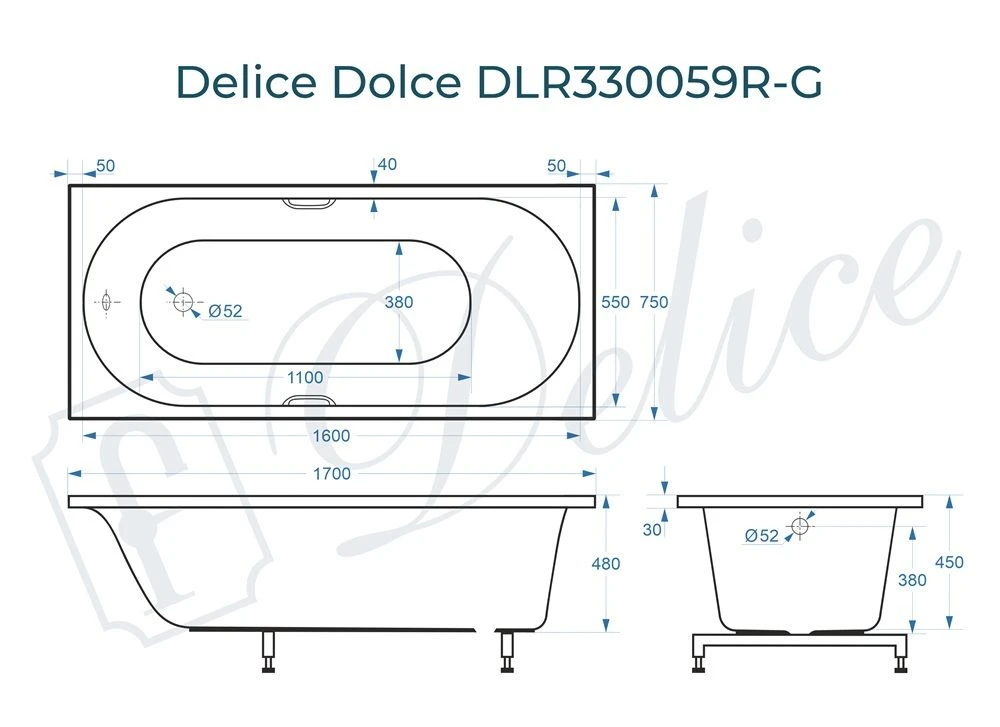 Ванна из литьевого мрамора Delice Dolce 170х75 глянцевая с ручками Хром DLR330059R-G 