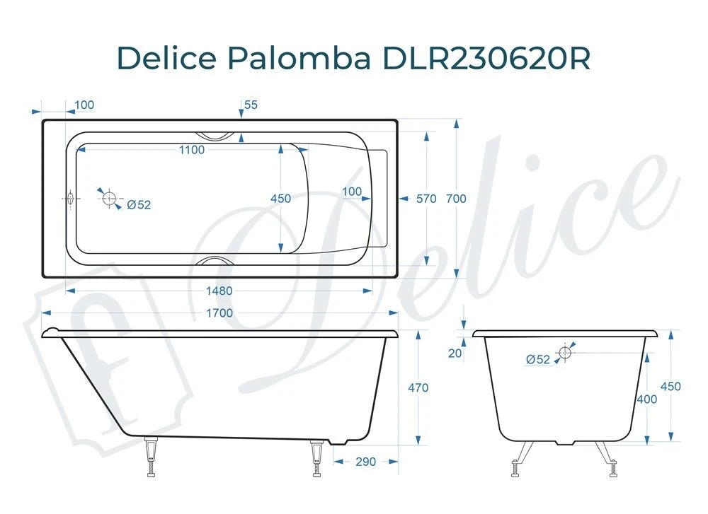 Чугунная ванна Delice Palomba 170x70 с ручками 