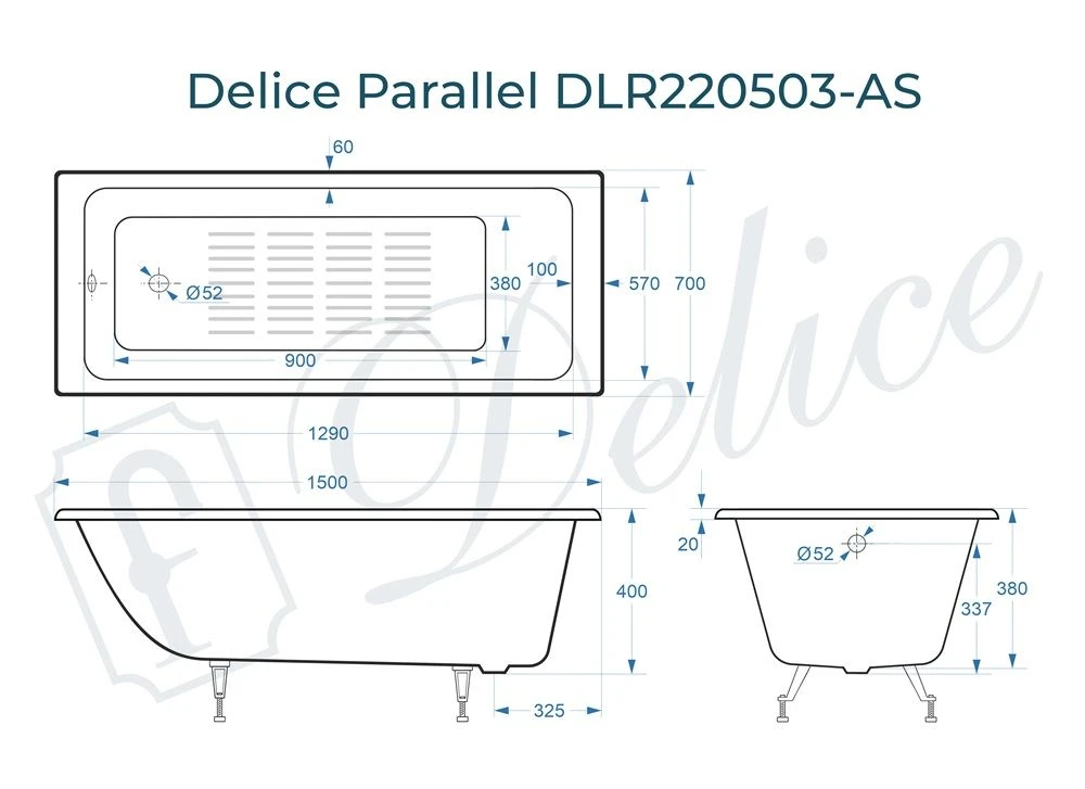 Чугунная ванна Delice Parallel 150x70 с антискольжением 