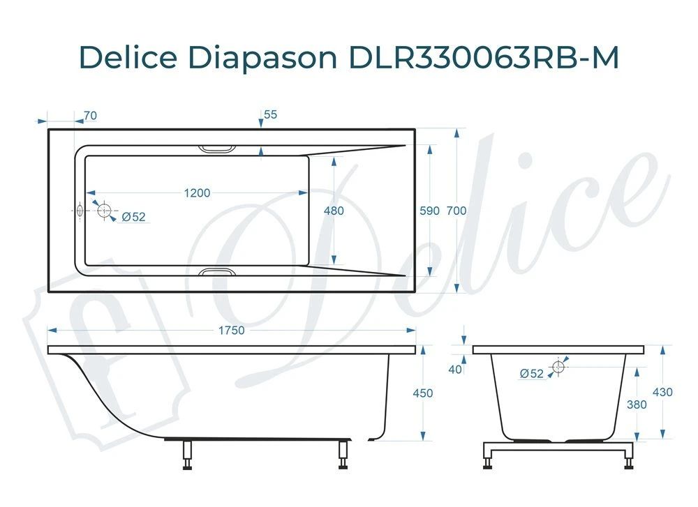 Ванна из литьевого мрамора Delice Diapason 175х70 матовая с черными ручками DLR330063RB-M 