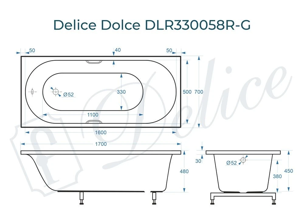 Ванна из литьевого мрамора Delice Dolce 170х70 глянцевая с ручками Хром DLR330058R-G 