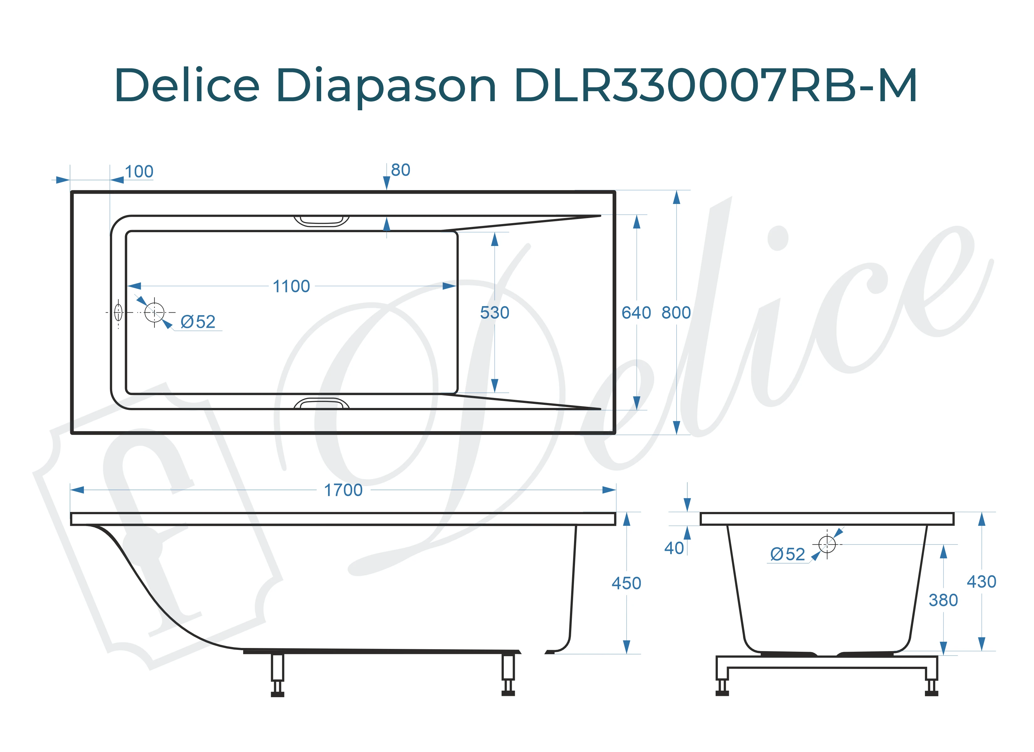 Ванна из литьевого мрамора Delice Diapason 170х80 матовая с черными ручками DLR330007RB-M 