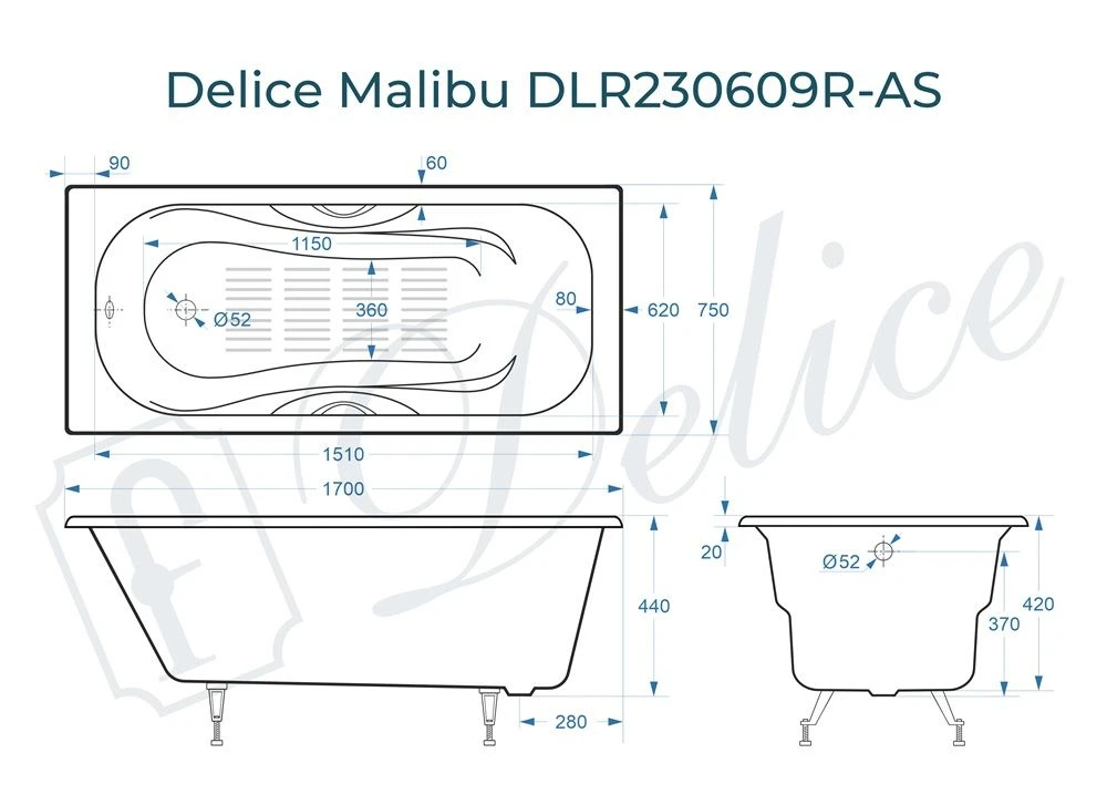Чугунная ванна Delice Malibu 170x75 с ручками и антискольжением 