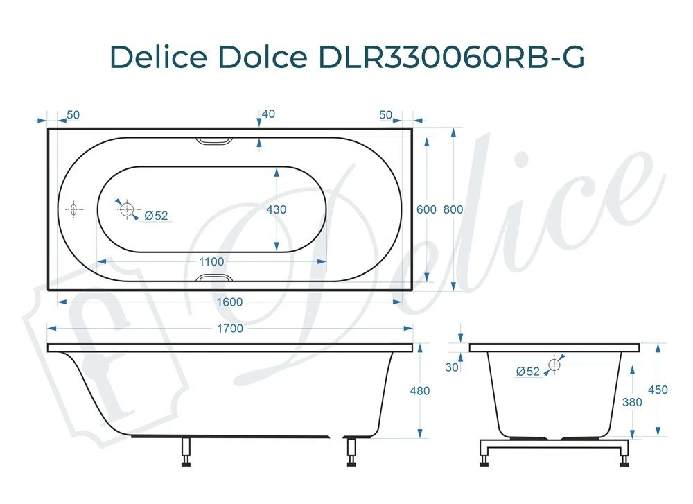 Ванна из литьевого мрамора Delice Dolce 170х80 глянцевая с черными ручками DLR330060RB-G 