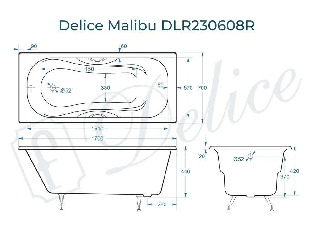 Чугунная ванна Delice Malibu 170x70 с ручками 