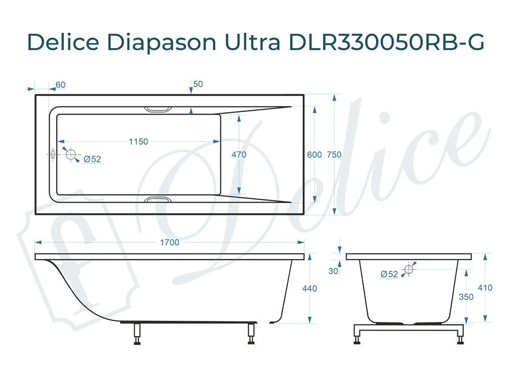 Ванна из литьевого мрамора Delice Diapason Ultra с узким бортом 170х75 глянцевая с черными ручками DLR330050RB-G 