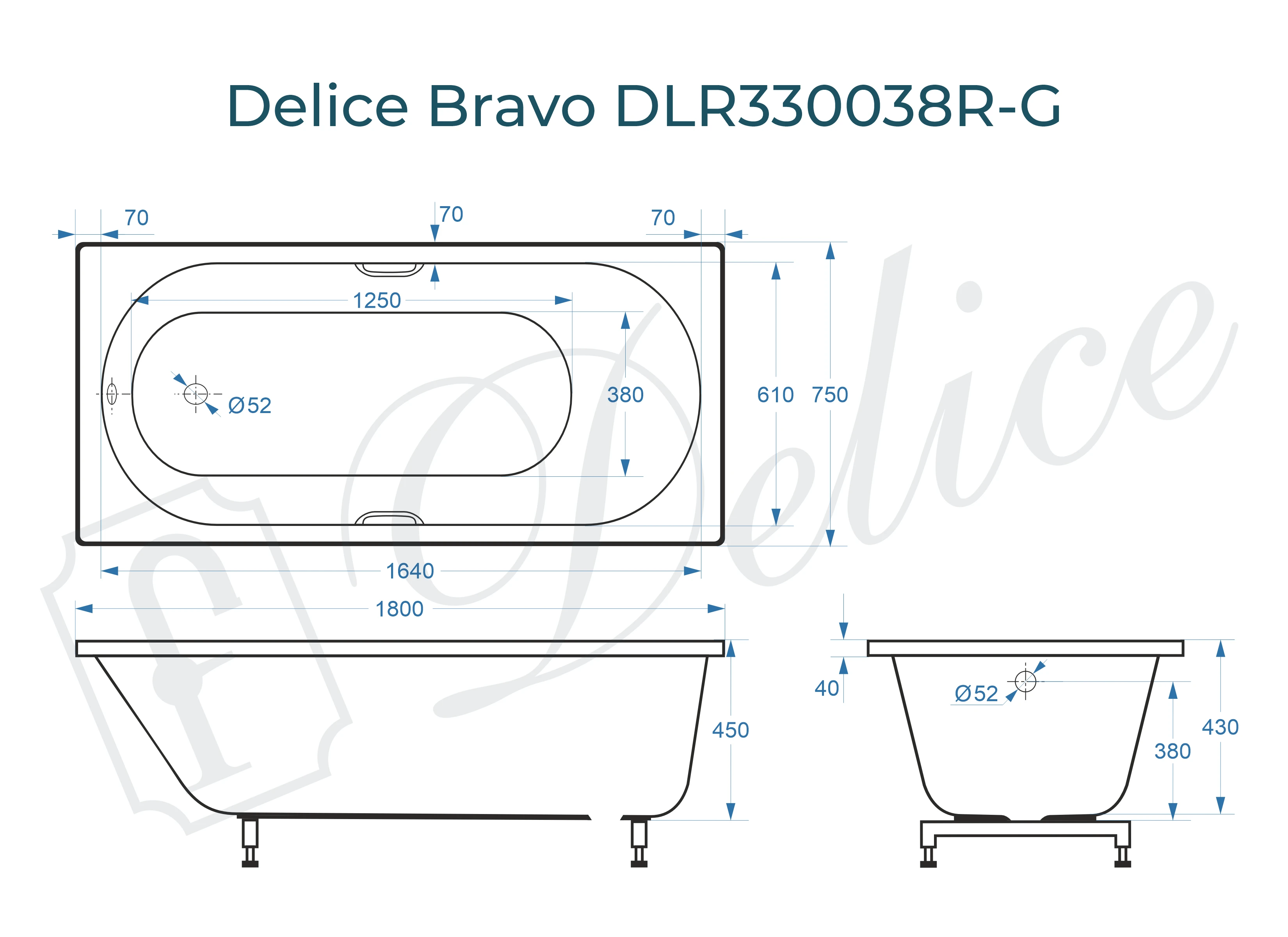 Ванна из литьевого мрамора Delice Bravo 180х75 глянцевая с ручками Хром DLR330038R-G 