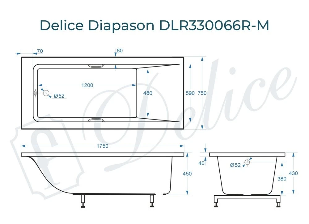 Ванна из литьевого мрамора Delice Diapason 175х75 матовая с ручками Хром DLR330066R-M 