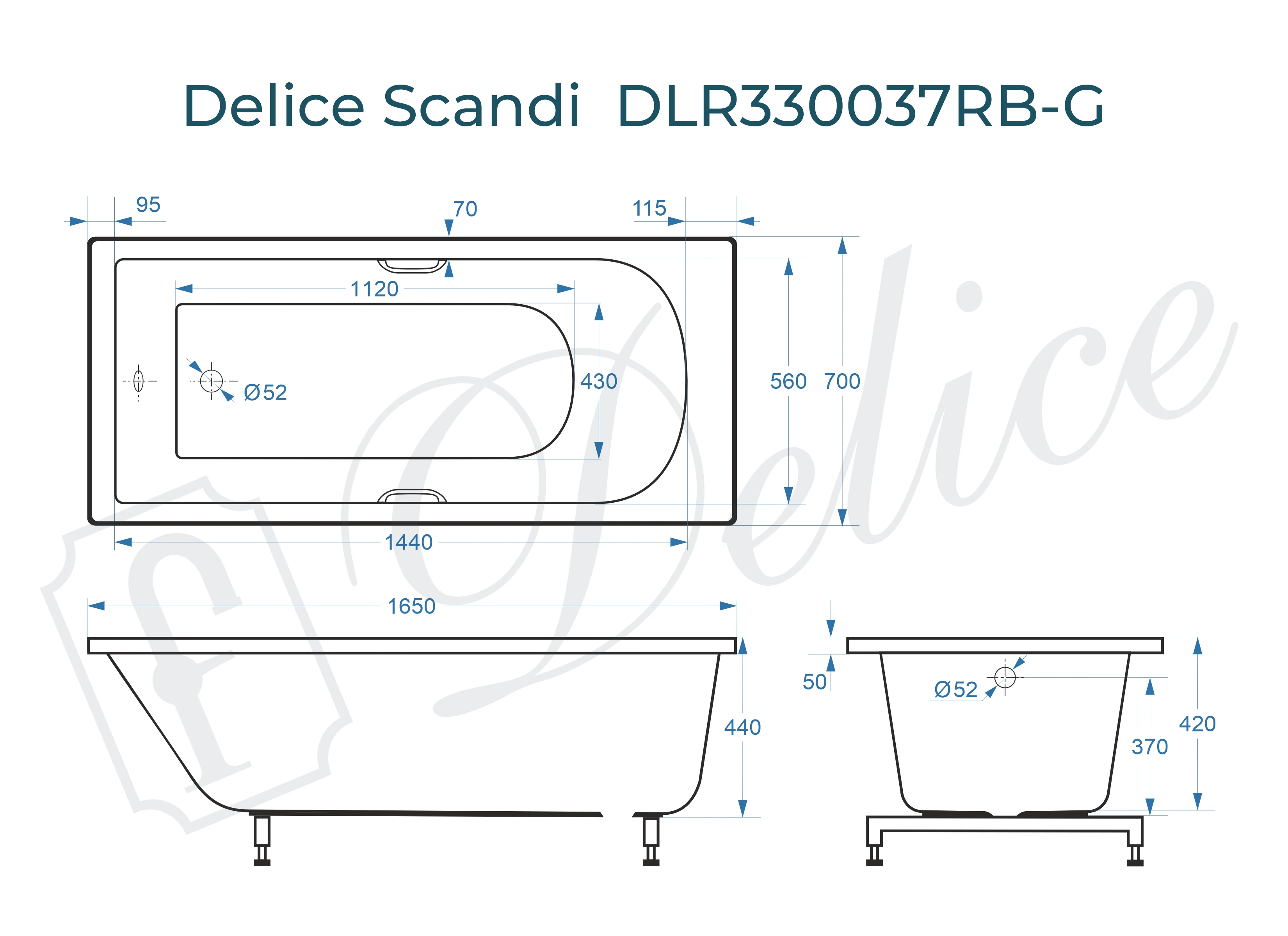 Ванна из литьевого мрамора Delice Scandi 165х70 глянцевая с черными ручками DLR330037RB-G 