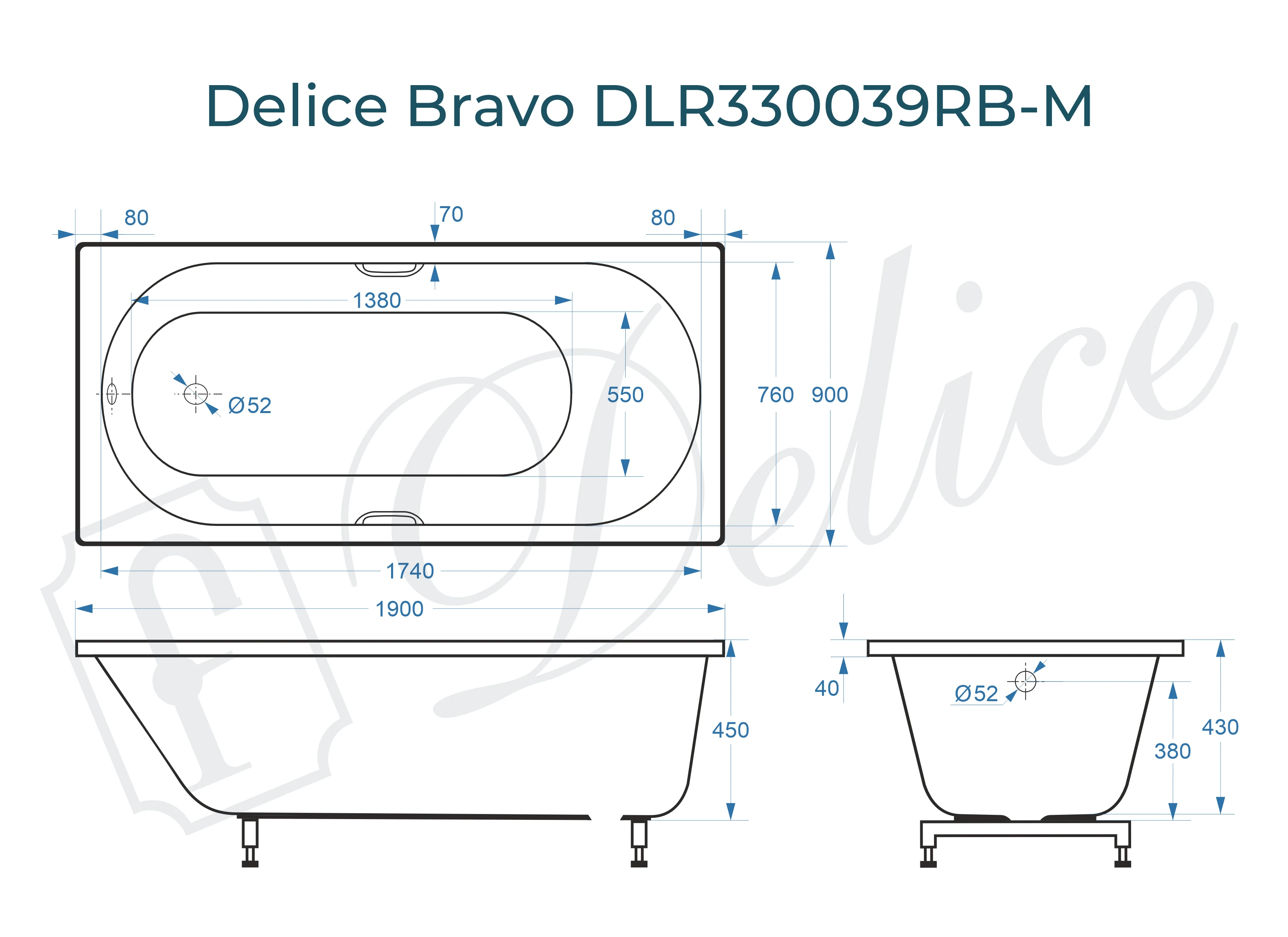 Ванна из литьевого мрамора Delice Bravo 190х90 матовая с черными ручками DLR330039RB-M 