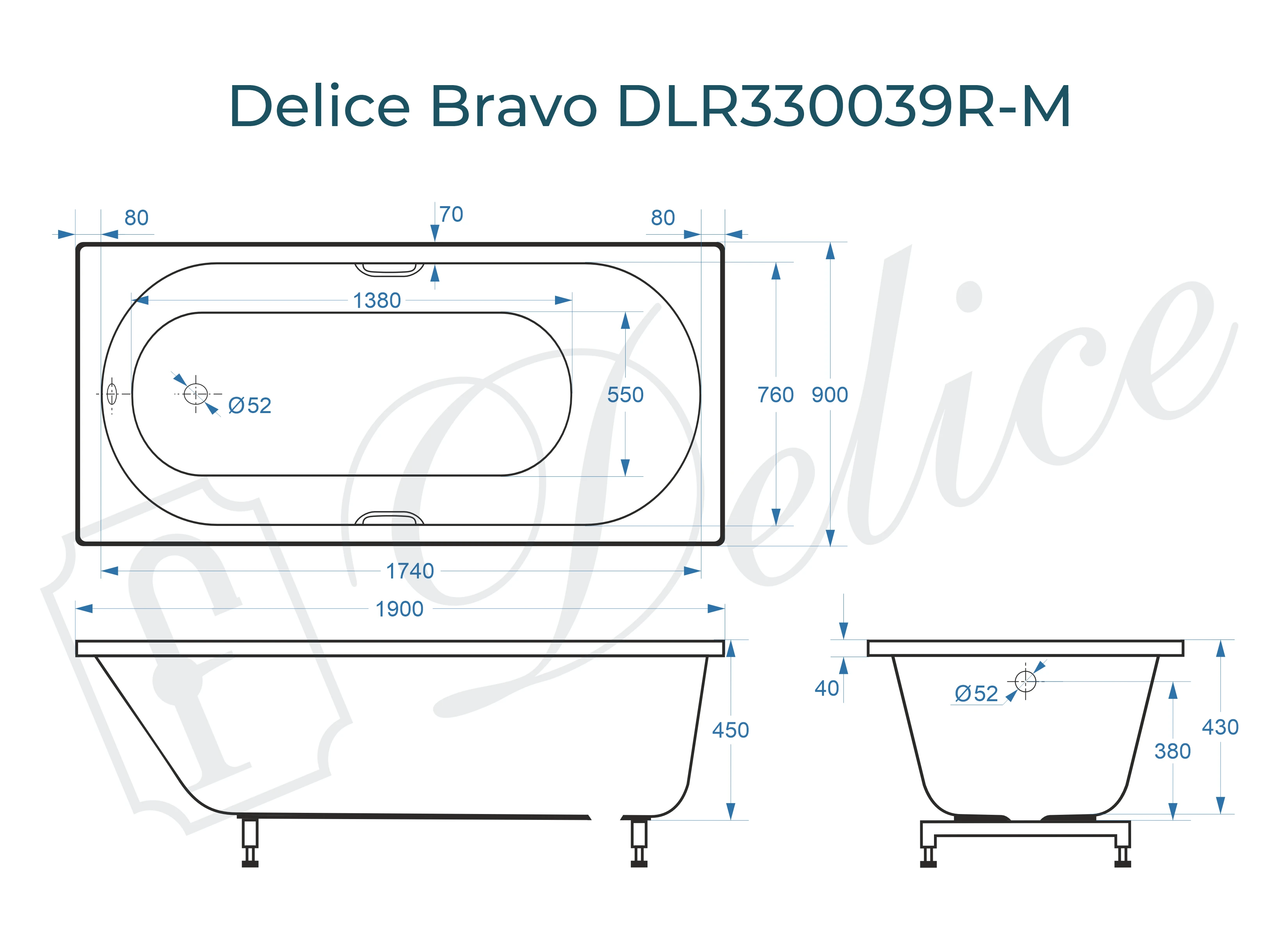 Ванна из литьевого мрамора Delice Bravo 190х90 матовая с ручками Хром DLR330039R-M 