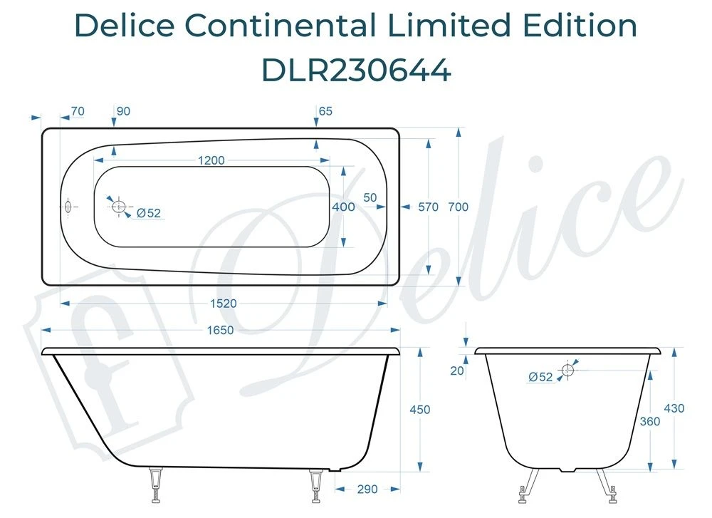 Чугунная ванна Delic Continental Limited Edition 165x70 