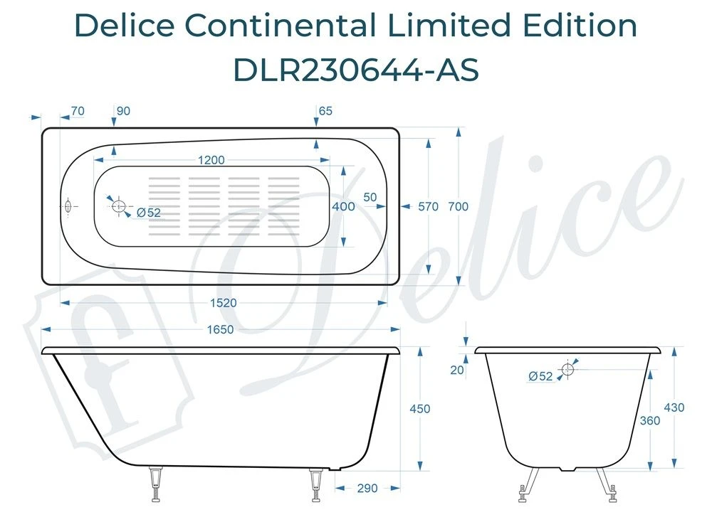 Чугунная ванна Delic Continental Limited Edition 165x70 с антискольжением 