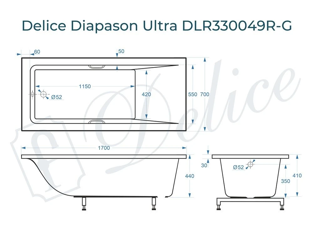 Ванна из литьевого мрамора Delice Diapason Ultra с узким бортом 170х70 глянцевая с ручками Хром DLR330049R-G 