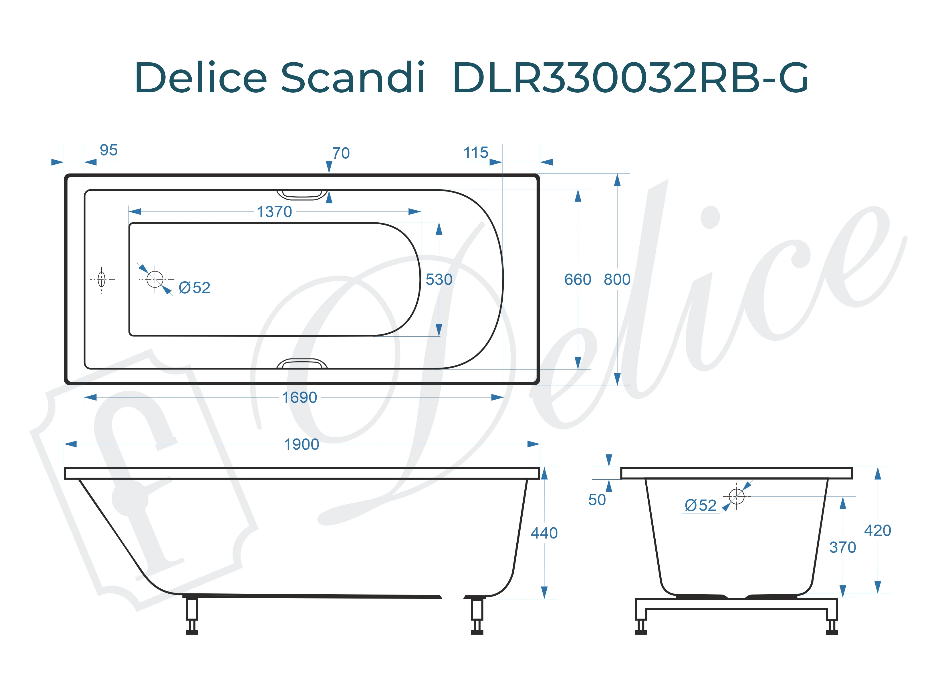 Ванна из литьевого мрамора Delice Scandi 190х80 глянцевая с черными ручками DLR330032RB-G 