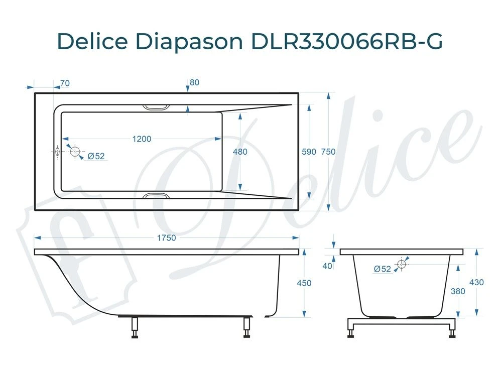 Ванна из литьевого мрамора Delice Diapason 175х75 глянцевая с черными ручками DLR330066RB-G 