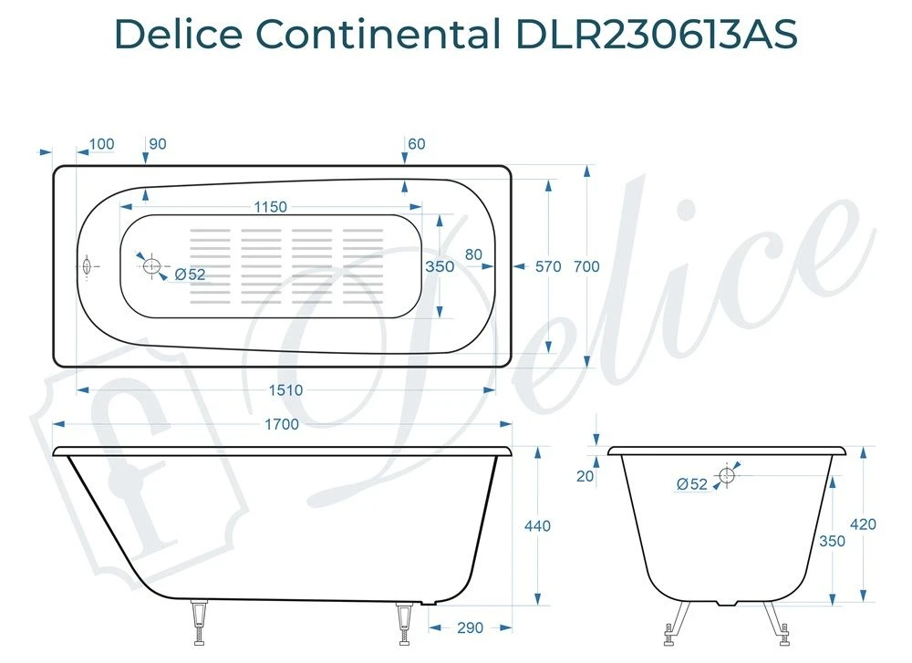 Чугунная ванна Delice Continental 170x70 с антискольжением 
